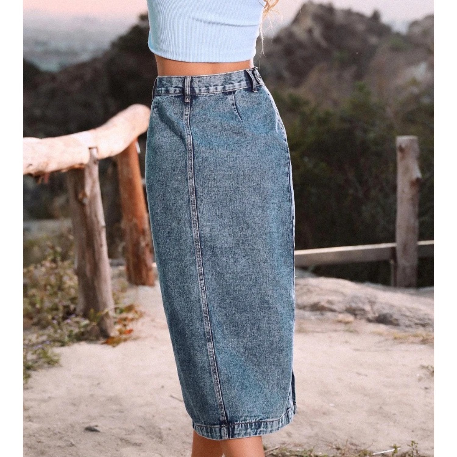 High-Slit Denim Skirt