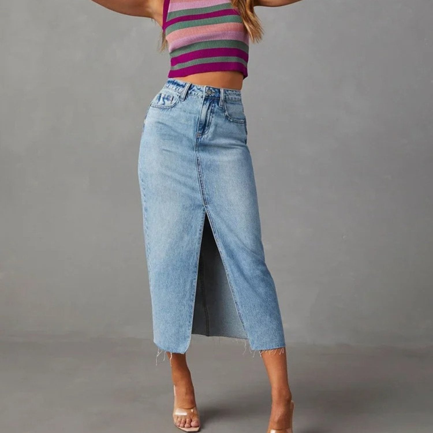 High-Waisted Denim Maxi Skirt