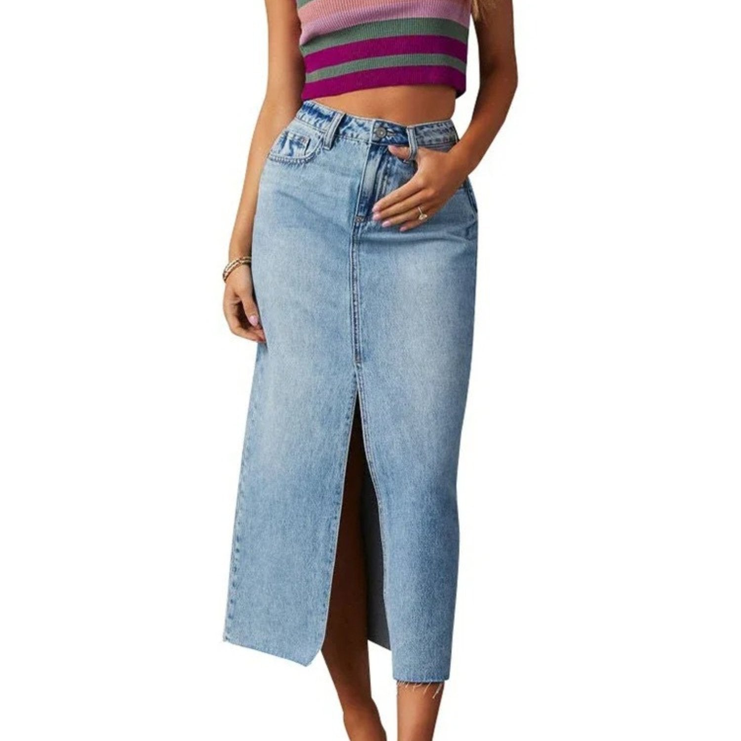 High-Waisted Denim Maxi Skirt