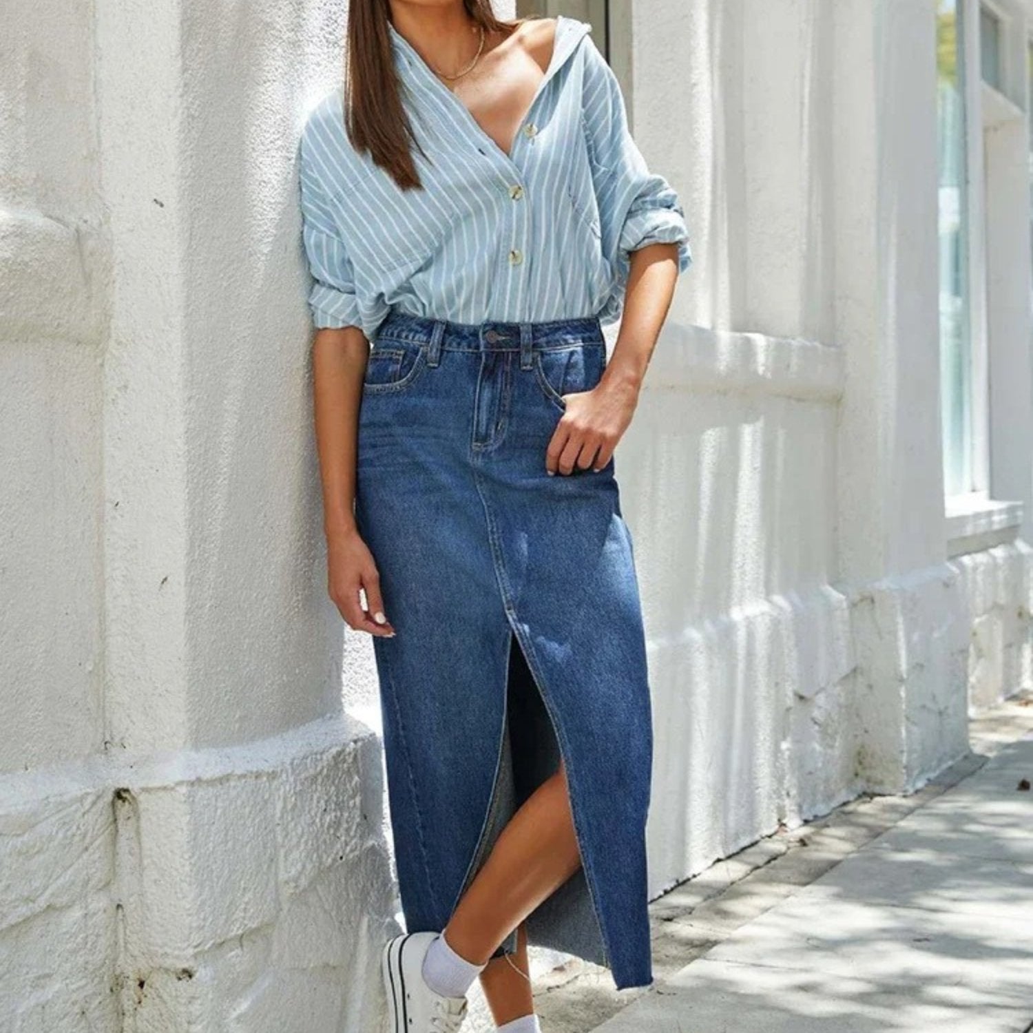 High-Waisted Denim Maxi Skirt