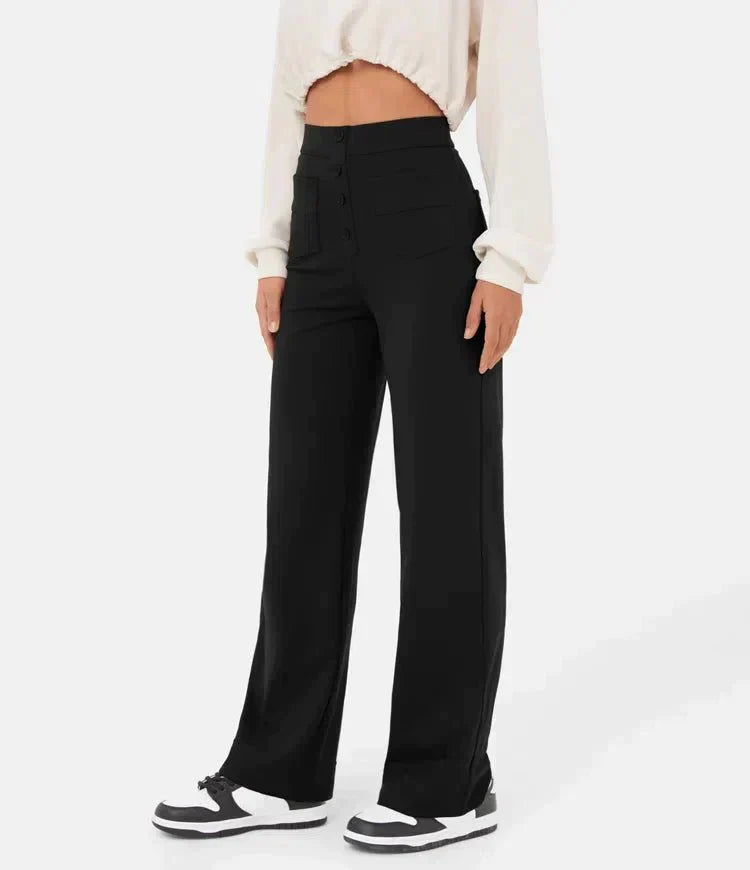 Elasticated high-waisted casual trousers for women