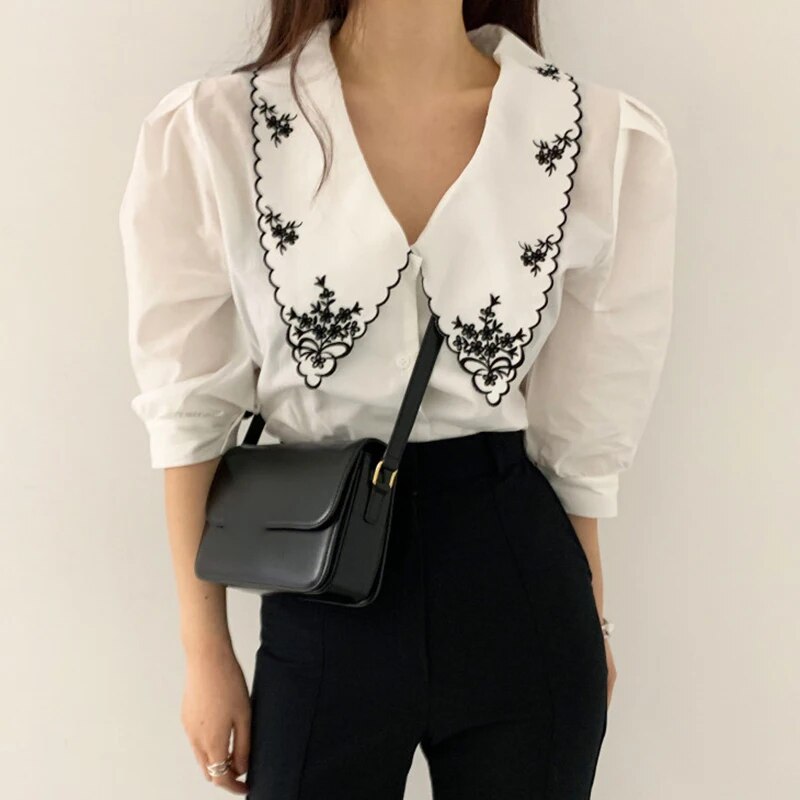 Vintage-inspired shirt blouse with embroidered collar