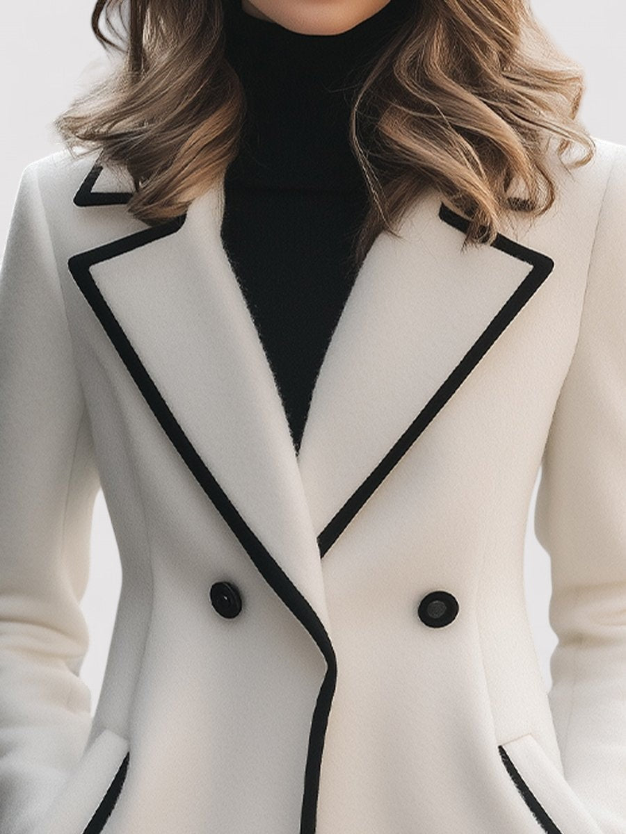 Ancien | Women's Chic Double-Breasted White Coat with Black Trim