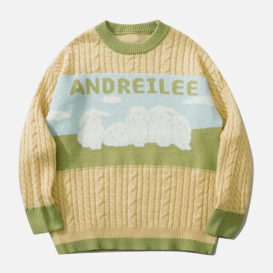 Cable knit jumper with pastel cloud motif