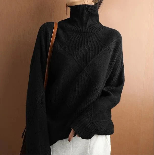 Ribbed Turtleneck Sweater – Geometric Knit Pattern for Casual Elegance