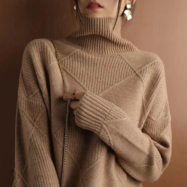 Ribbed Turtleneck Sweater – Geometric Knit Pattern for Casual Elegance