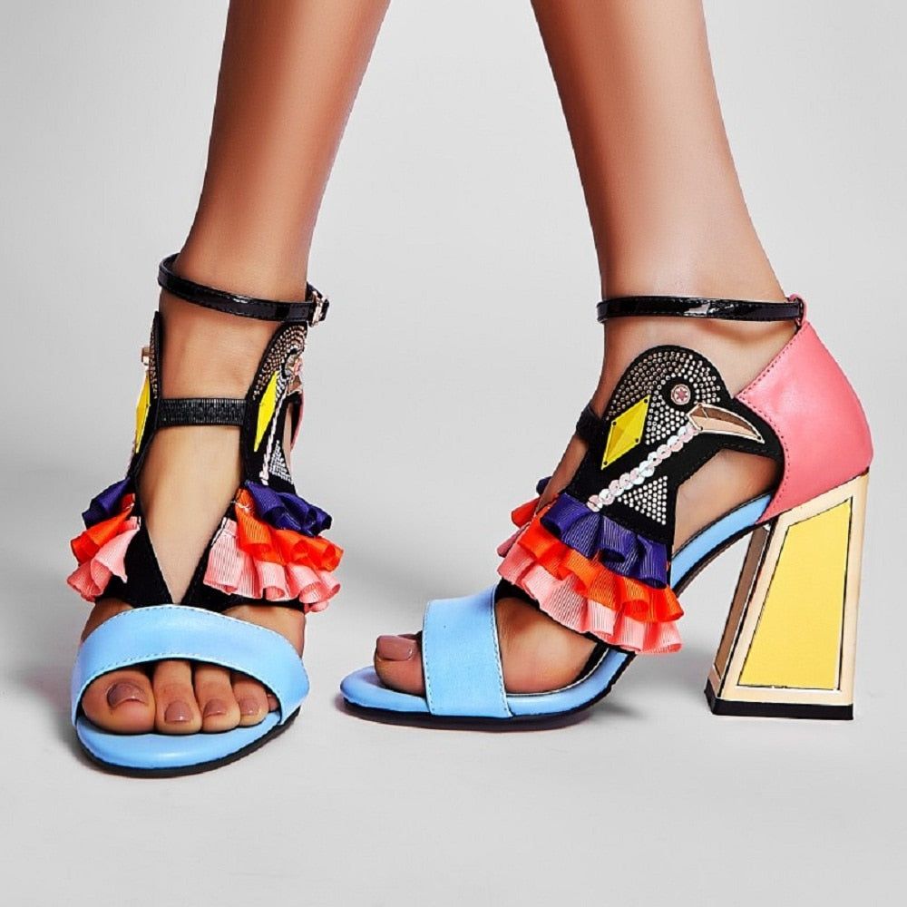 Colourful high-heel sandals with embellishments