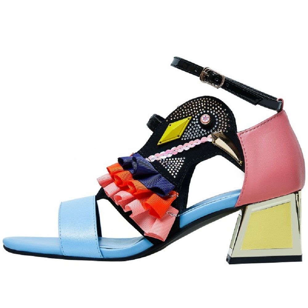 Colourful high-heel sandals with embellishments