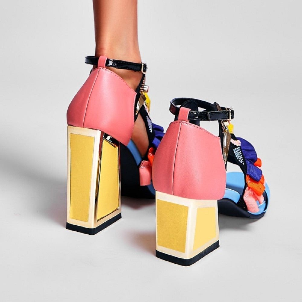 Colourful high-heel sandals with embellishments