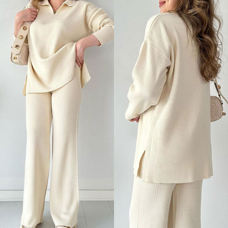 Women's V-Neck Comfortable Stretch Knit Suit (Top + Pants)