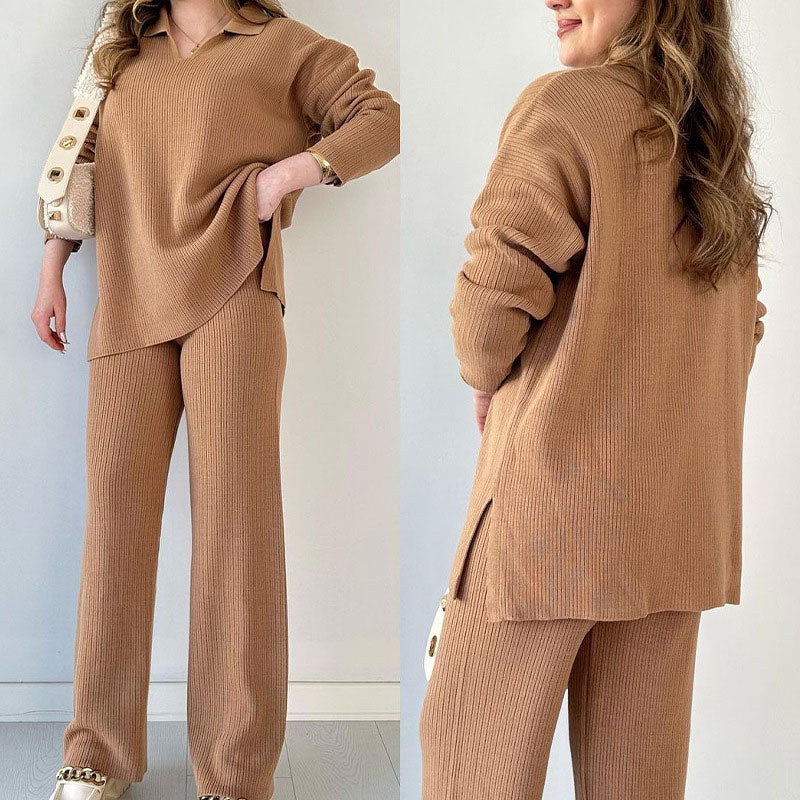 Women's V-Neck Comfortable Stretch Knit Suit (Top + Pants)