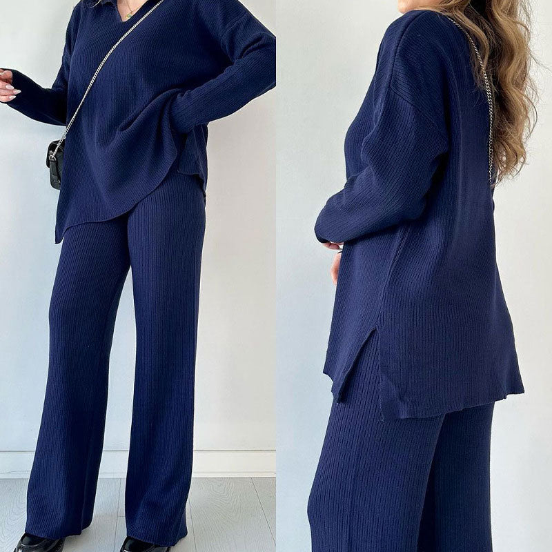 Women's V-Neck Comfortable Stretch Knit Suit (Top + Pants)