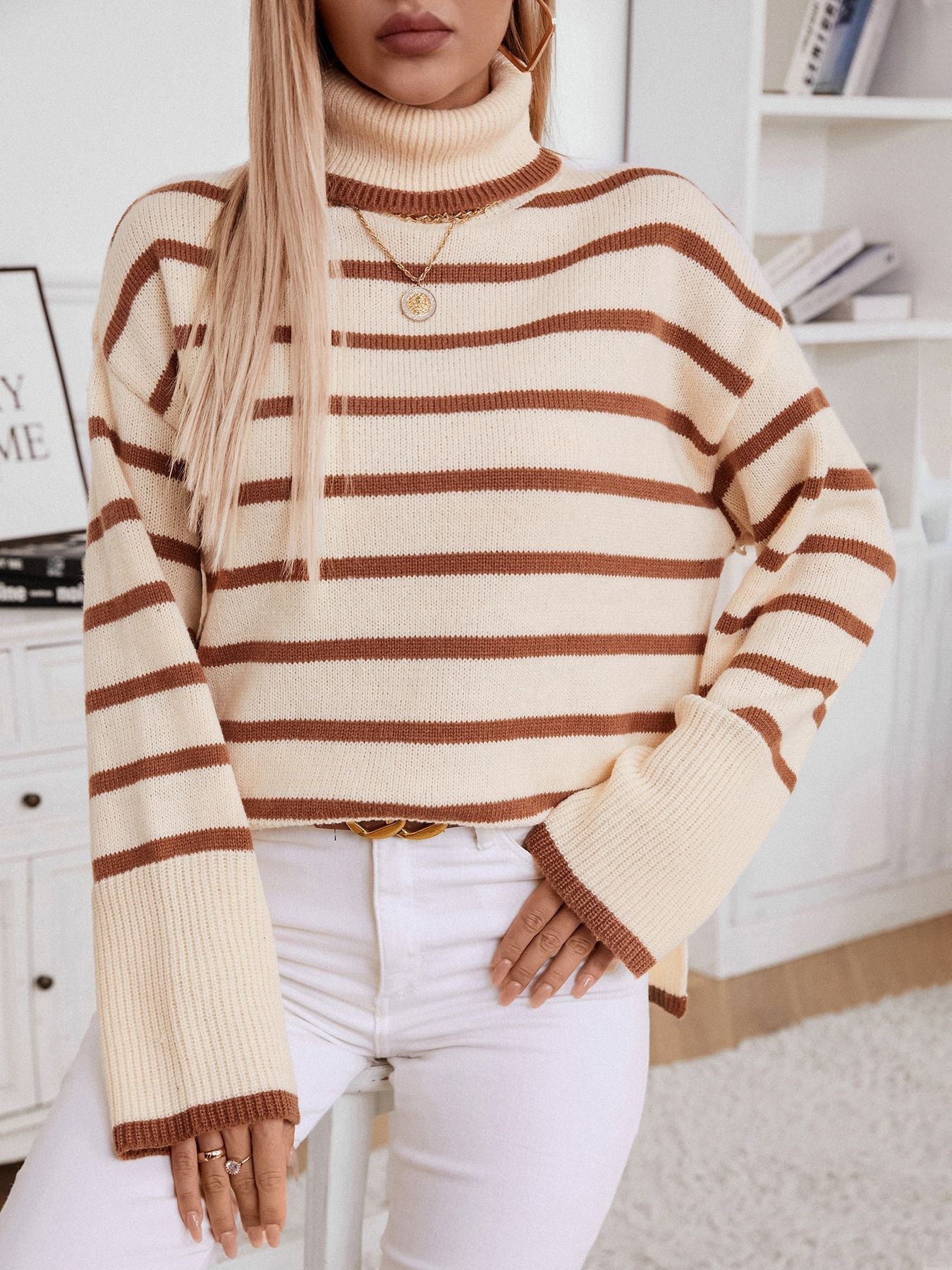 Striped Knit Turtleneck Sweater – Cozy and Chic Pullover