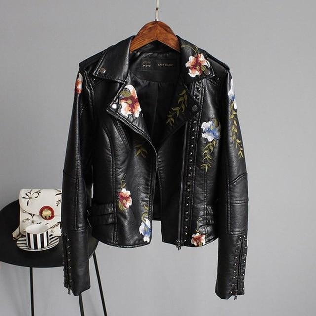 Black vegan leather jacket with floral embroidery for women