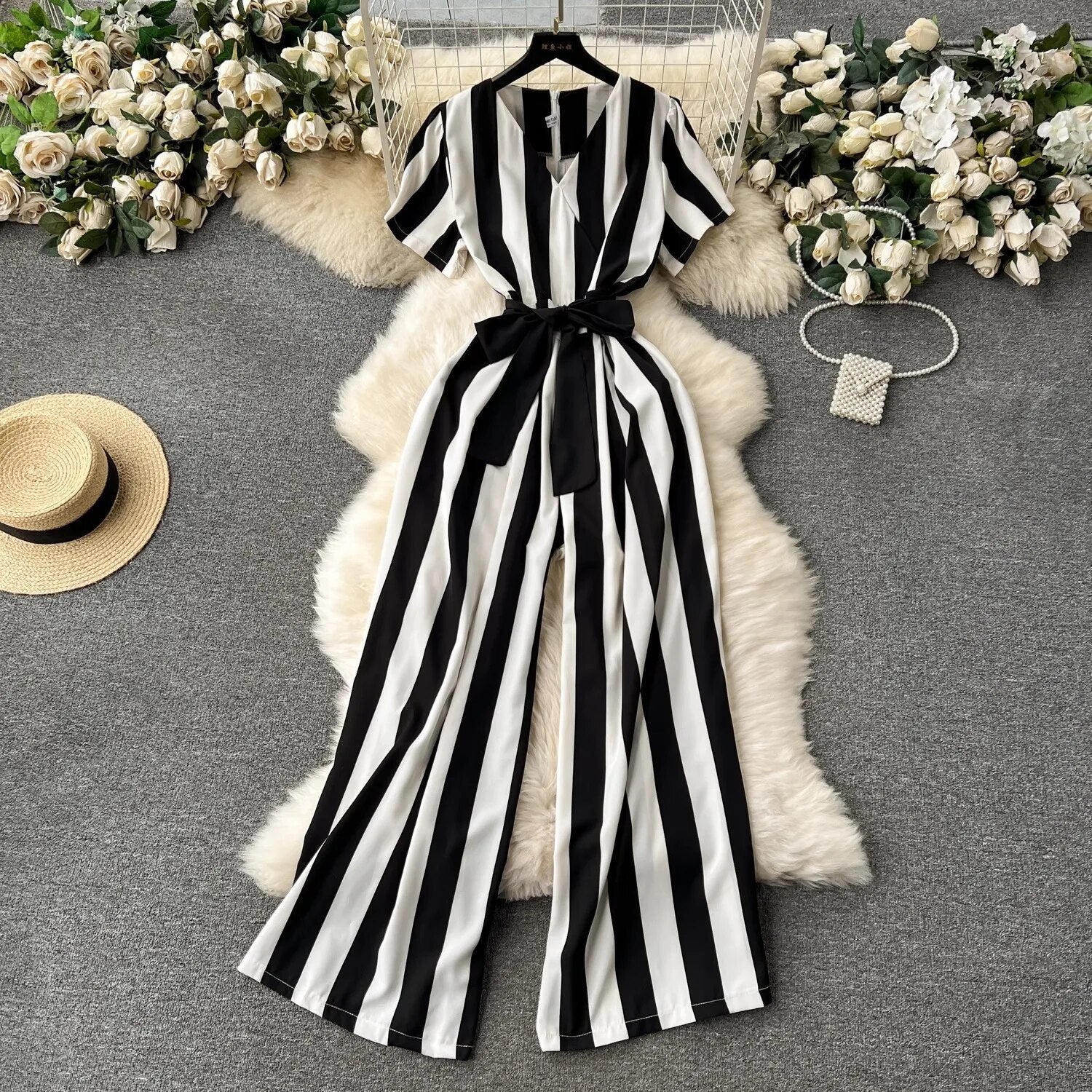 Women's Striped Bow Detailed Jumpsuit