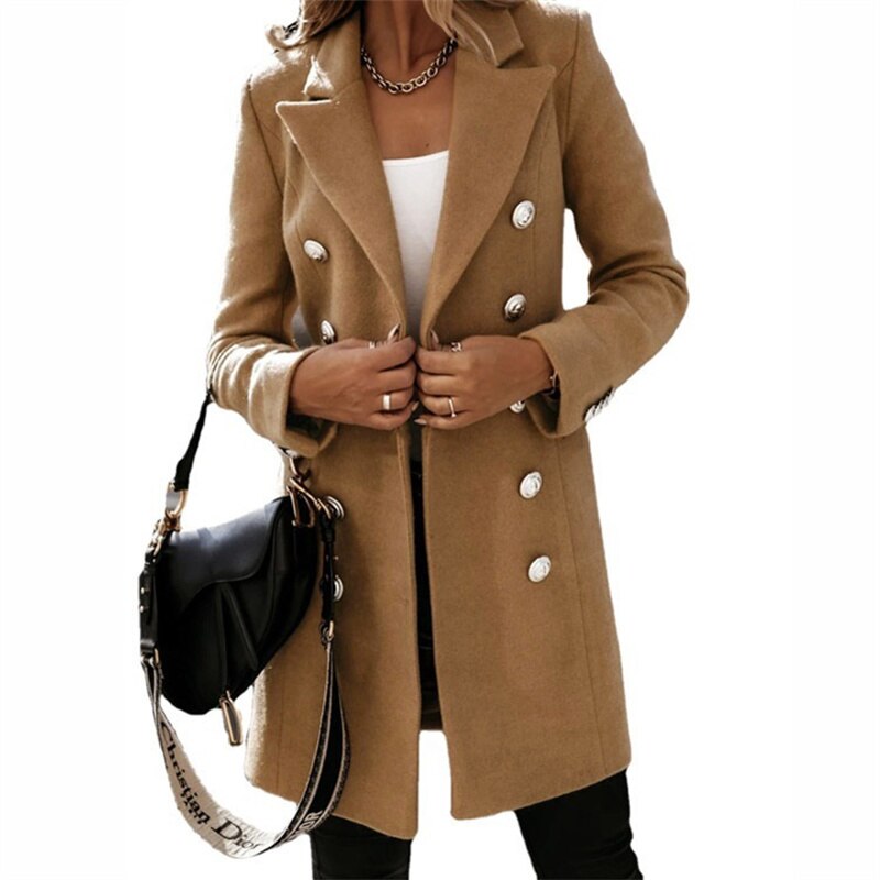 Elegant long trench coat in a woollen look with buttons