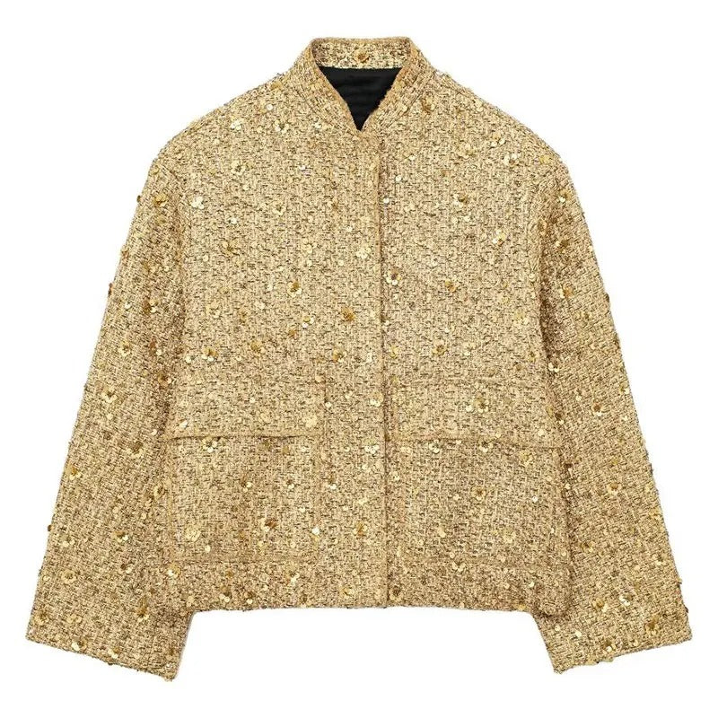 Chic, oversized coat with gold-coloured sequins.