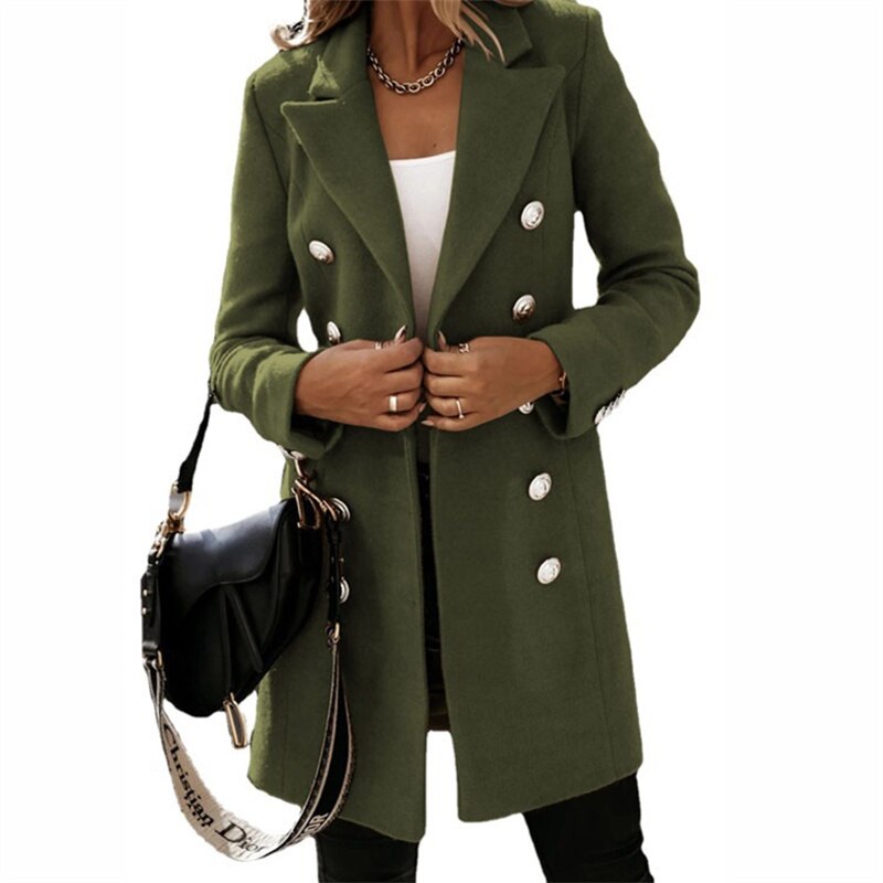 Elegant long trench coat in a woollen look with buttons