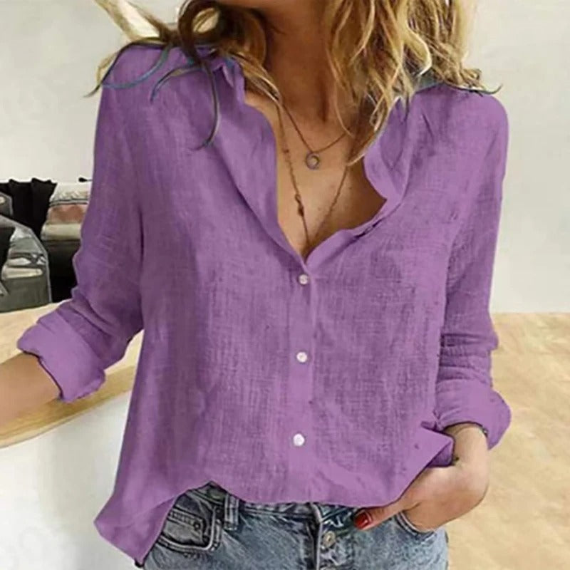 Cotton linen tops with button placket for women