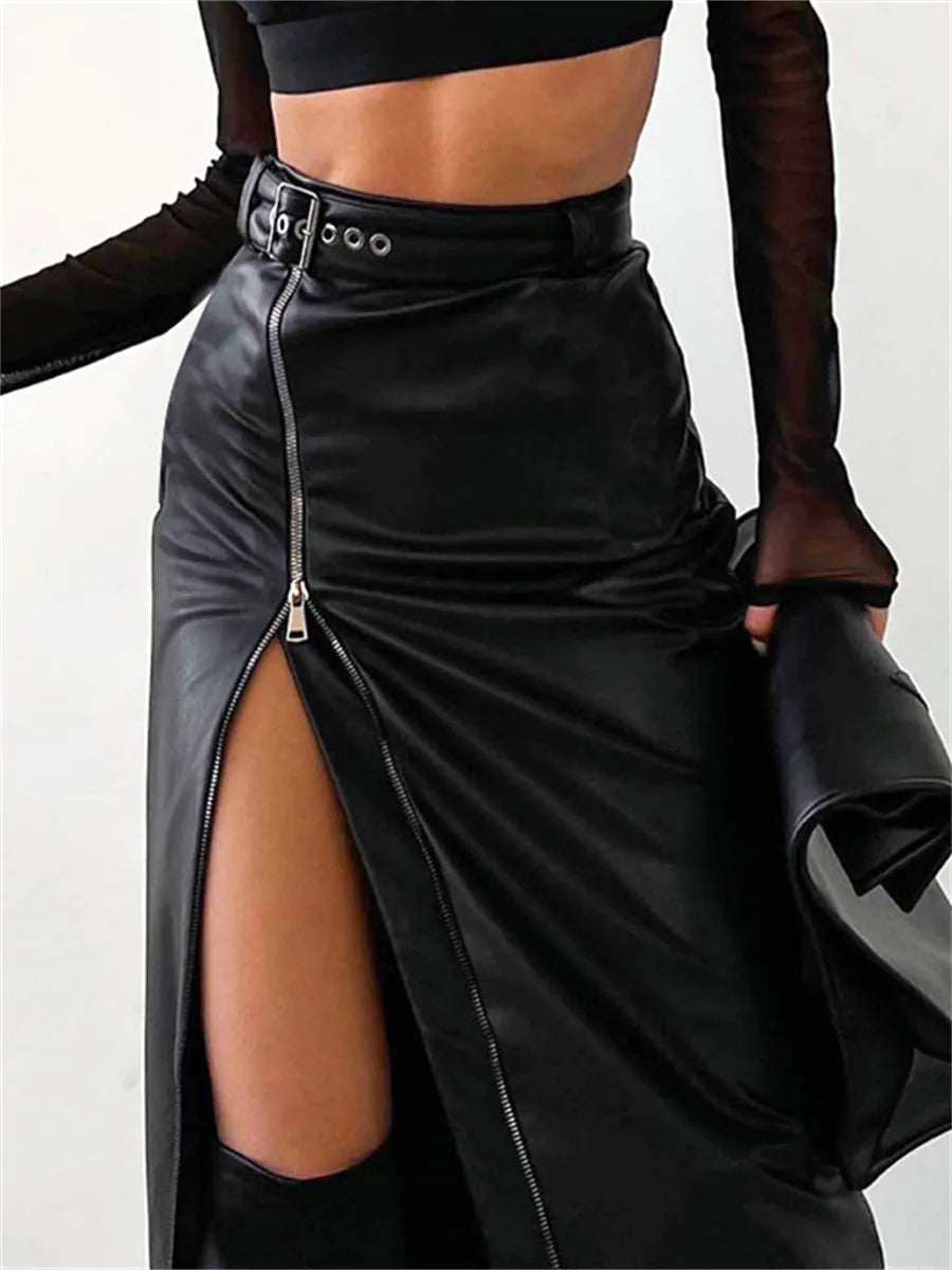 Elegant PU leather pencil skirt with high waist and zip fastening